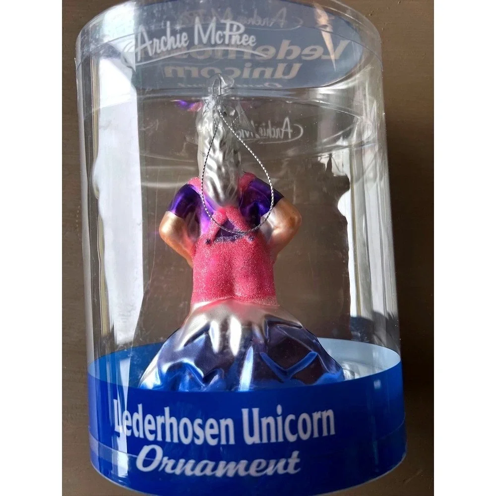 Lederhosen Unicorn Ornament Archie McPhee Pink Purple Glass Glitter Weird‎ Xmas